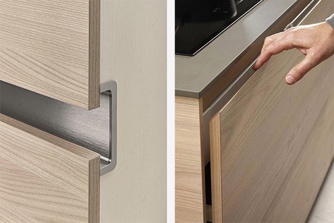 Two handleless configurations for modern kitchen cabinets