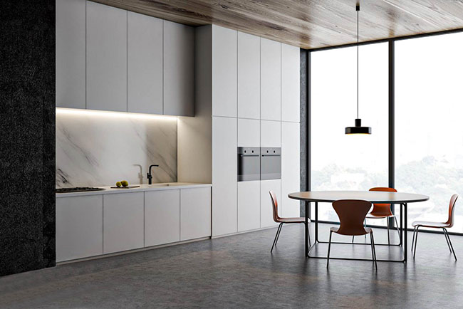 White lacquered kitchen cabinets with full-height integrated storage