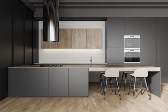 Grey flat-panel modern kitchen cabinets