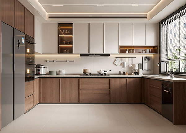 Modern kitchen cabinets with wood and solid-color combination