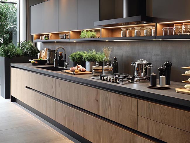 Flat-panel solid oak kitchen cabinets with black wall cabinets