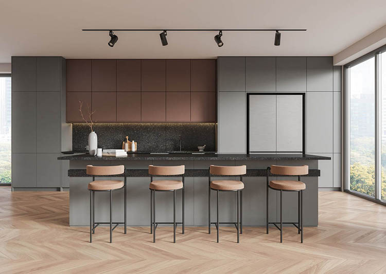 Grey modern kitchen cabinets with island