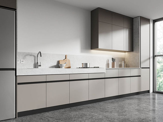 White and grey single-wall modern kitchen cabinets