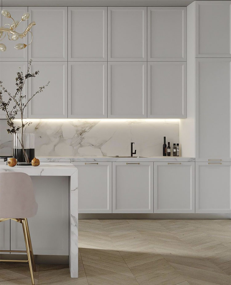 White lacquered Shaker kitchen cabinets with central island