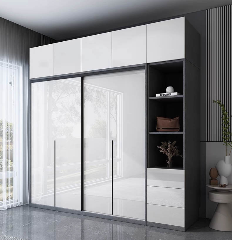 White glossy PET-finish sliding door closet