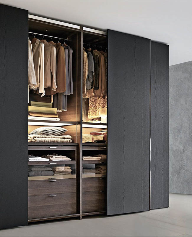 Natural oak veneer sliding door wardrobe with black frames