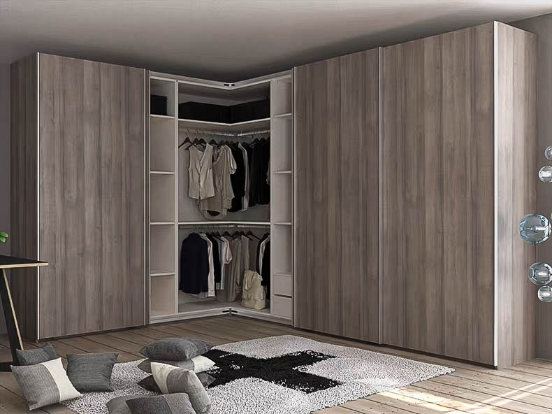 Melamine-finish corner sliding door wardrobe with slim aluminum frames