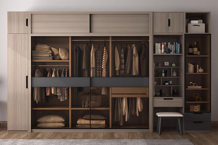 Glass and melamine-finish sliding door closet