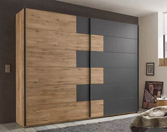 Black and brown oak melamine-finish sliding door closet with slim black aluminum frames