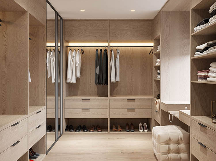 Walk-in closet in light oak melamine finish