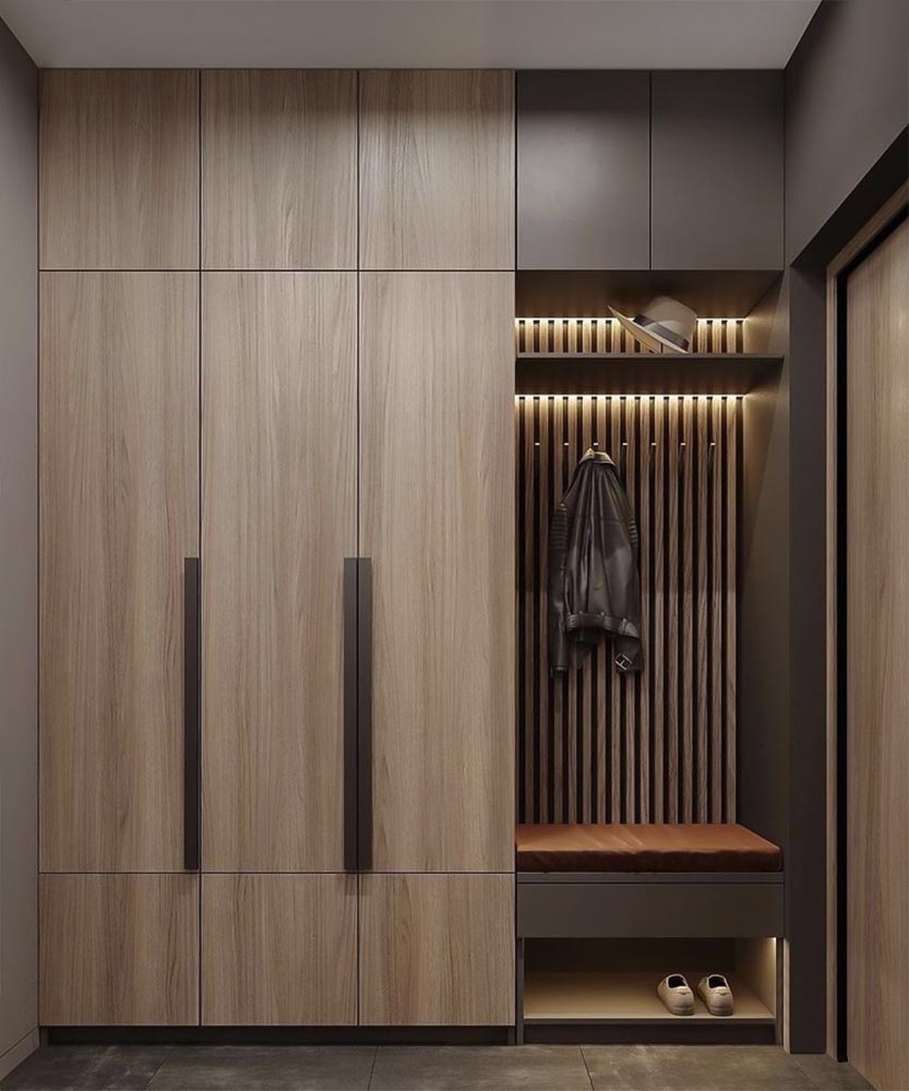 Modern style wardrobe with hinged door, wood pattern laminated finish