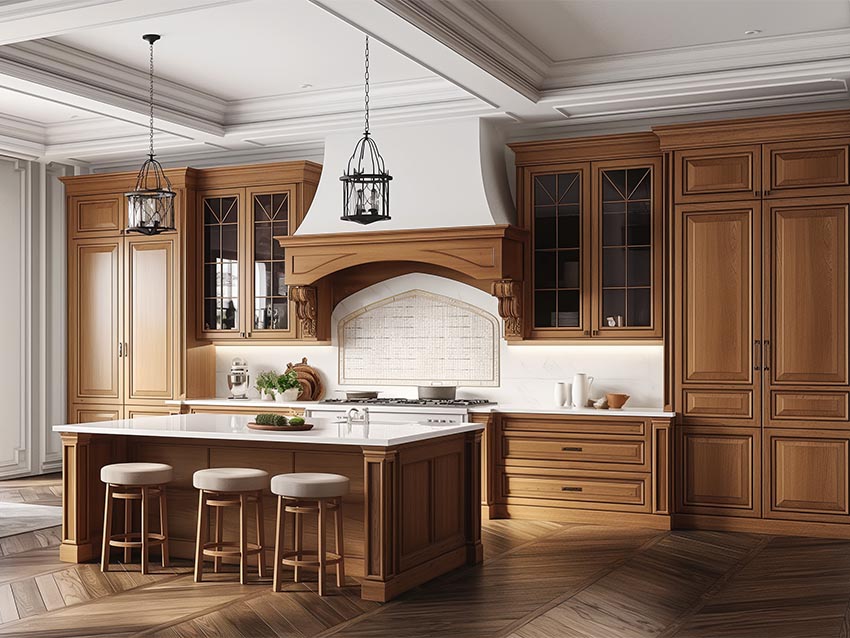 Brown cherry traditional kitchen cabinet with island