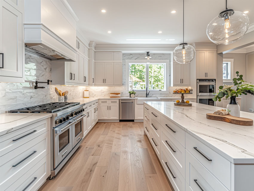 White shaker kitchen cabinets with island