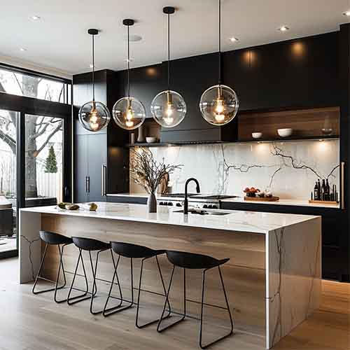 Kitchen cabinet with island and stools