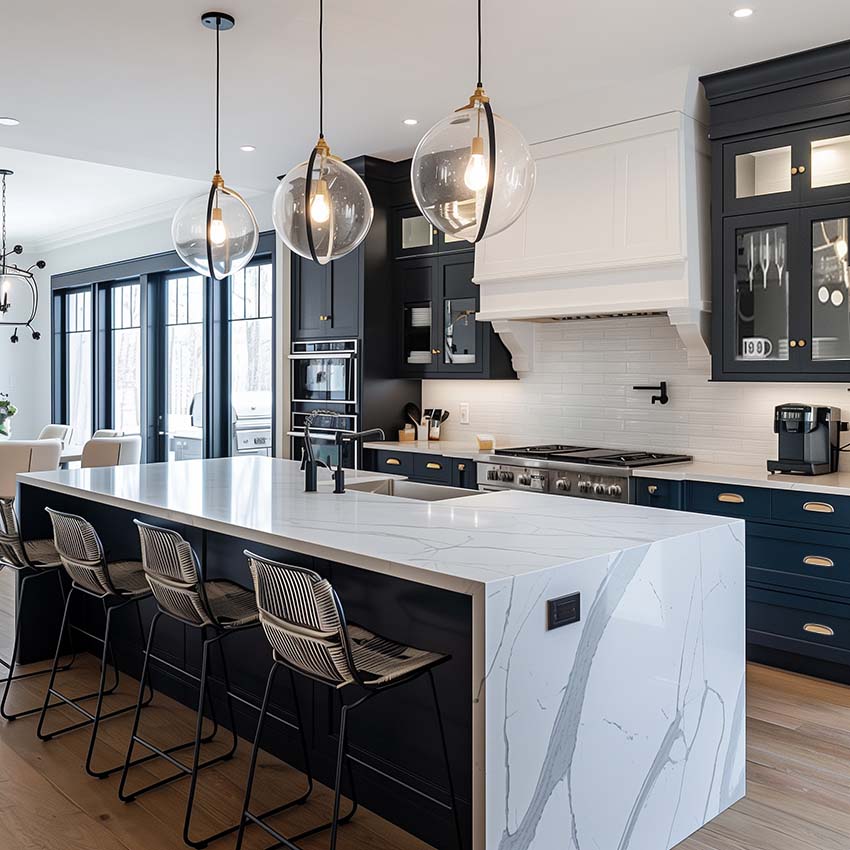 Dark blue classic kitchen cabinet with white quartz countertop 