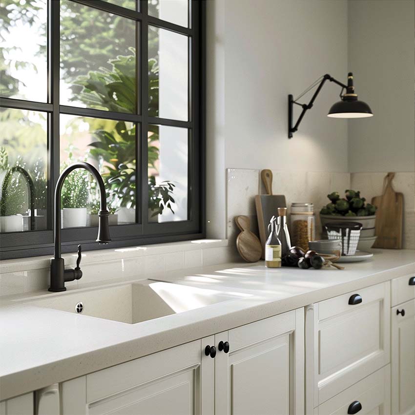 white traditional kitchen with solid surface (Corian) countertop