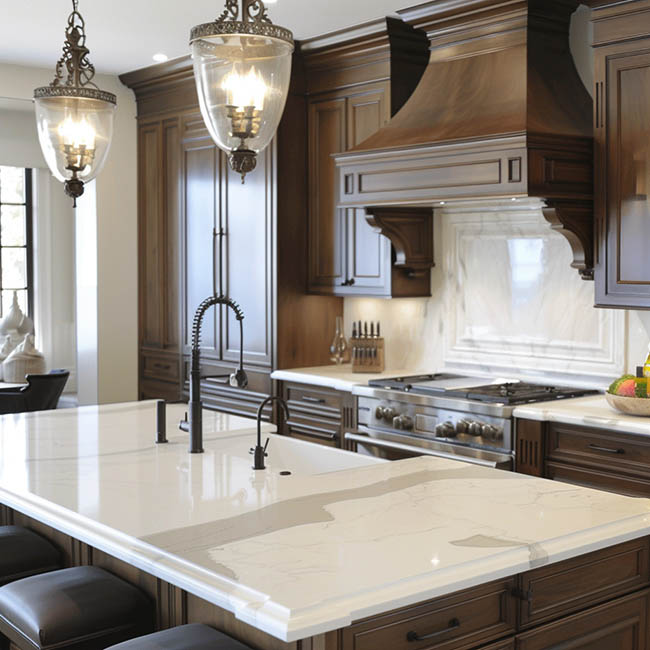 White quartz countertop in dark brown classic kitchen