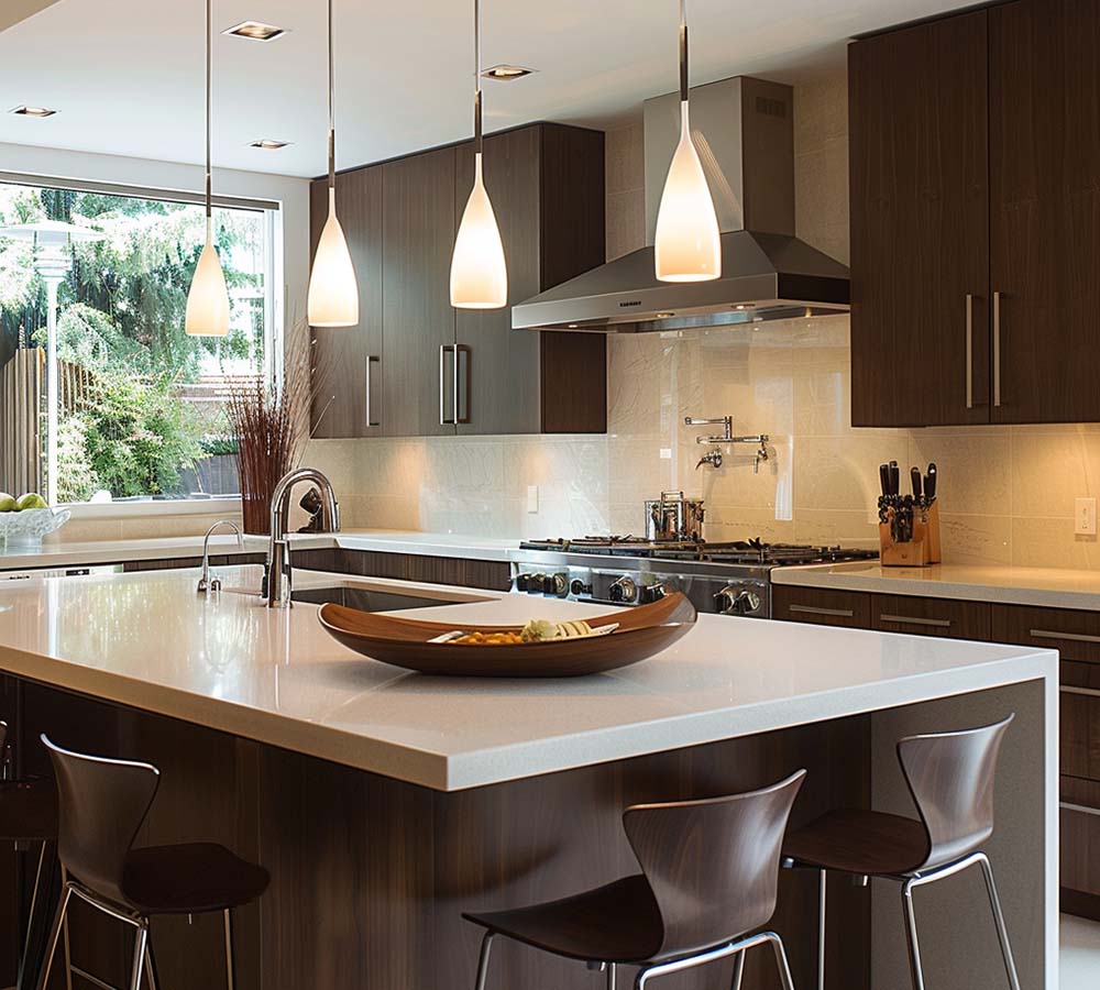 Modern kitchen in natural wood and glossy wood paint