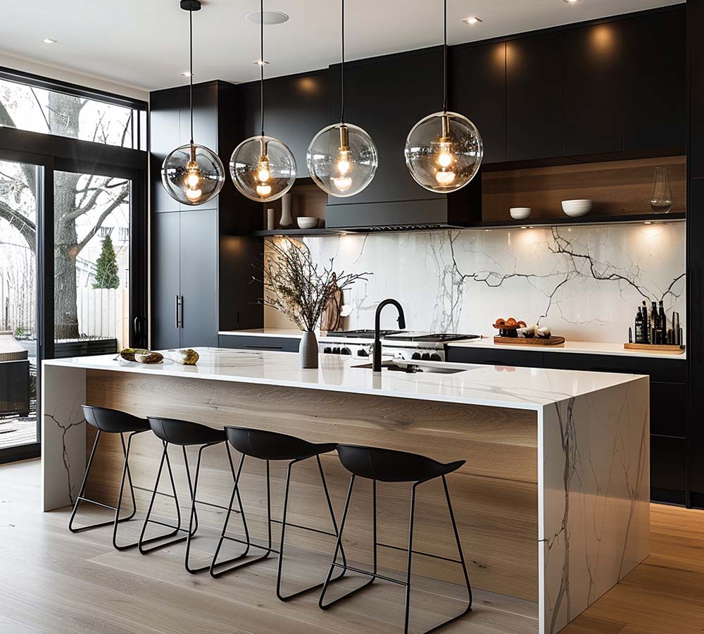 Modern kitchen in natural wood and glossy wood paint