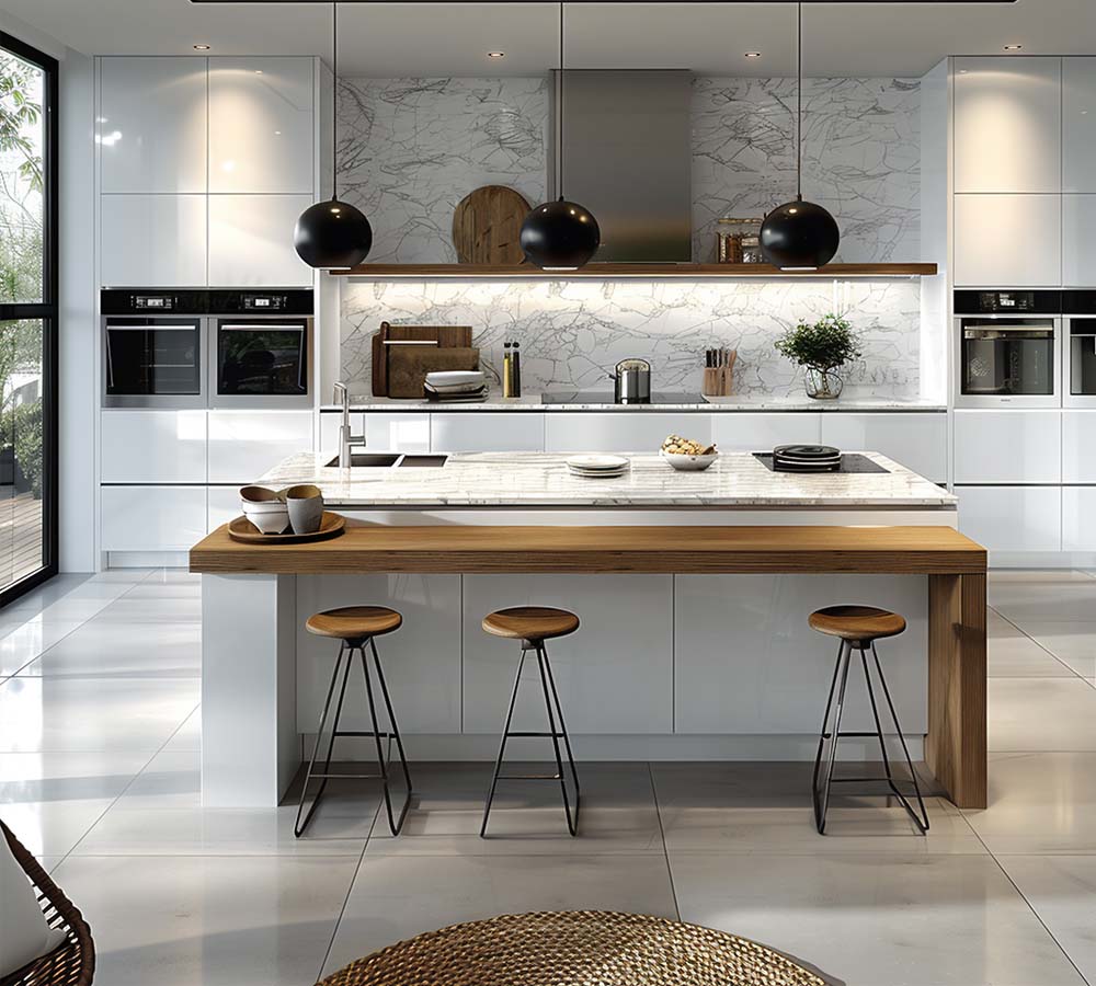 Modern HPL brown kitchen cabinets and sintered stone island