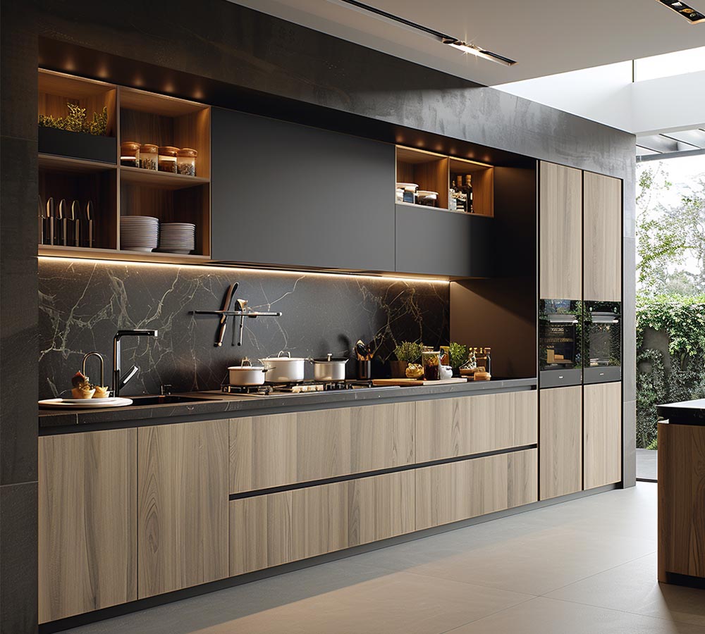 Modern kitchen cabinets in natural wood veneer and black lacquered