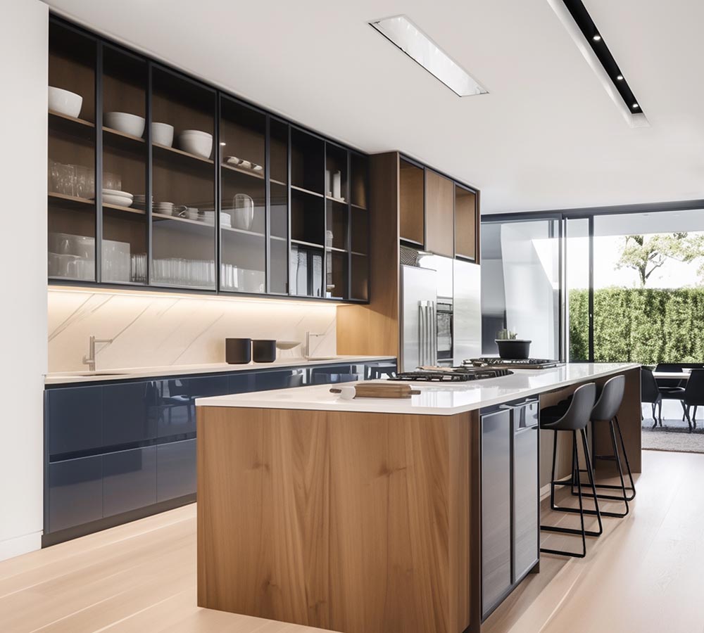 Modern kitchen in natural wood and glossy wood paint