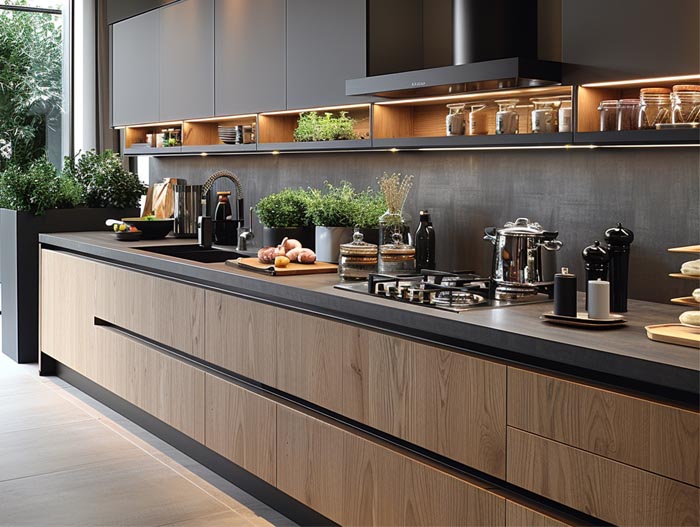 Modern kitchen in solid oak base cabinets and and black hanging wall units