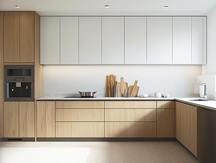 light wood and white color kitchen cabinets in high pressure laminate (HPL)