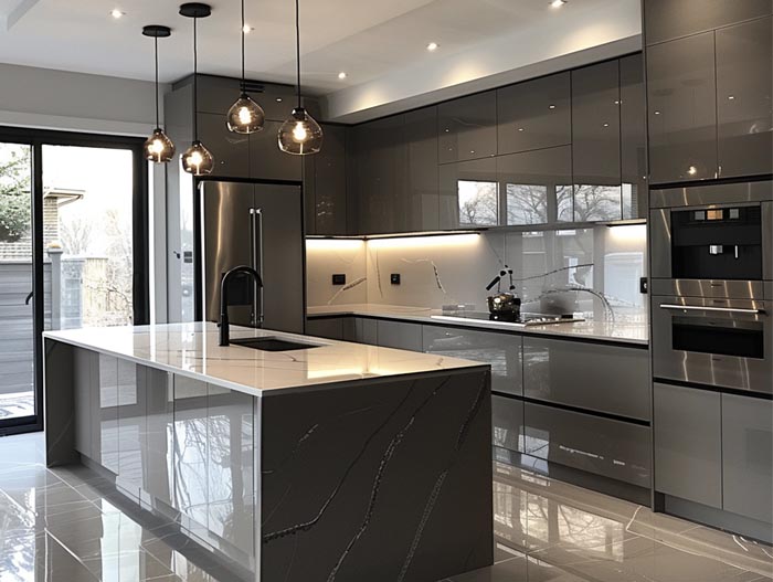 High gloss lacquered kitchen cabinets