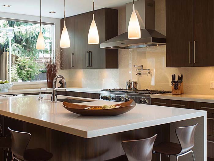Brown melamine kitchen cabinets with corian island and countertop