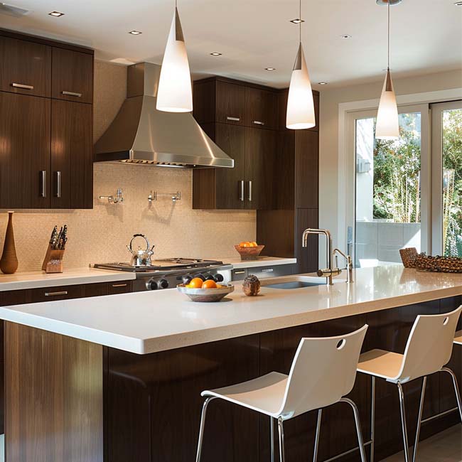 Melamine kitchen cabinets with solid surface island and countertop