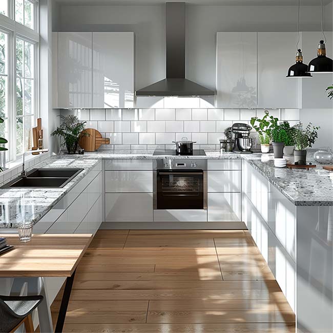 White kitchen cabinets with natural stone countertop