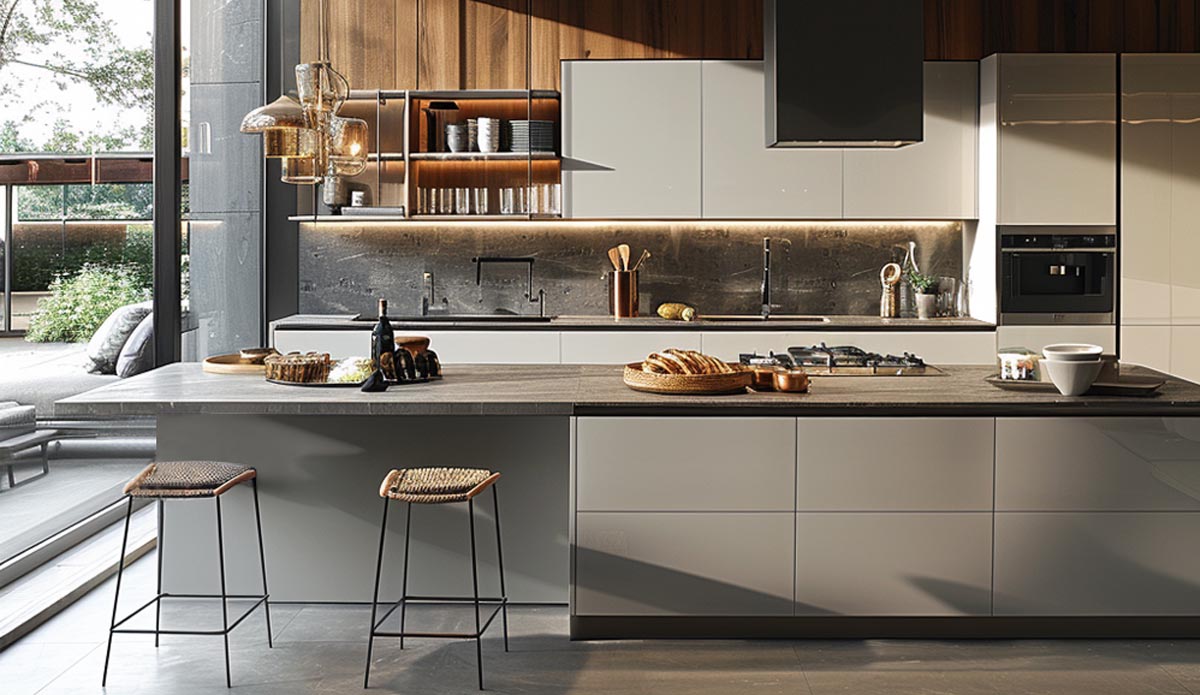 Grey lacquered modern kitchen cabinets with middle island