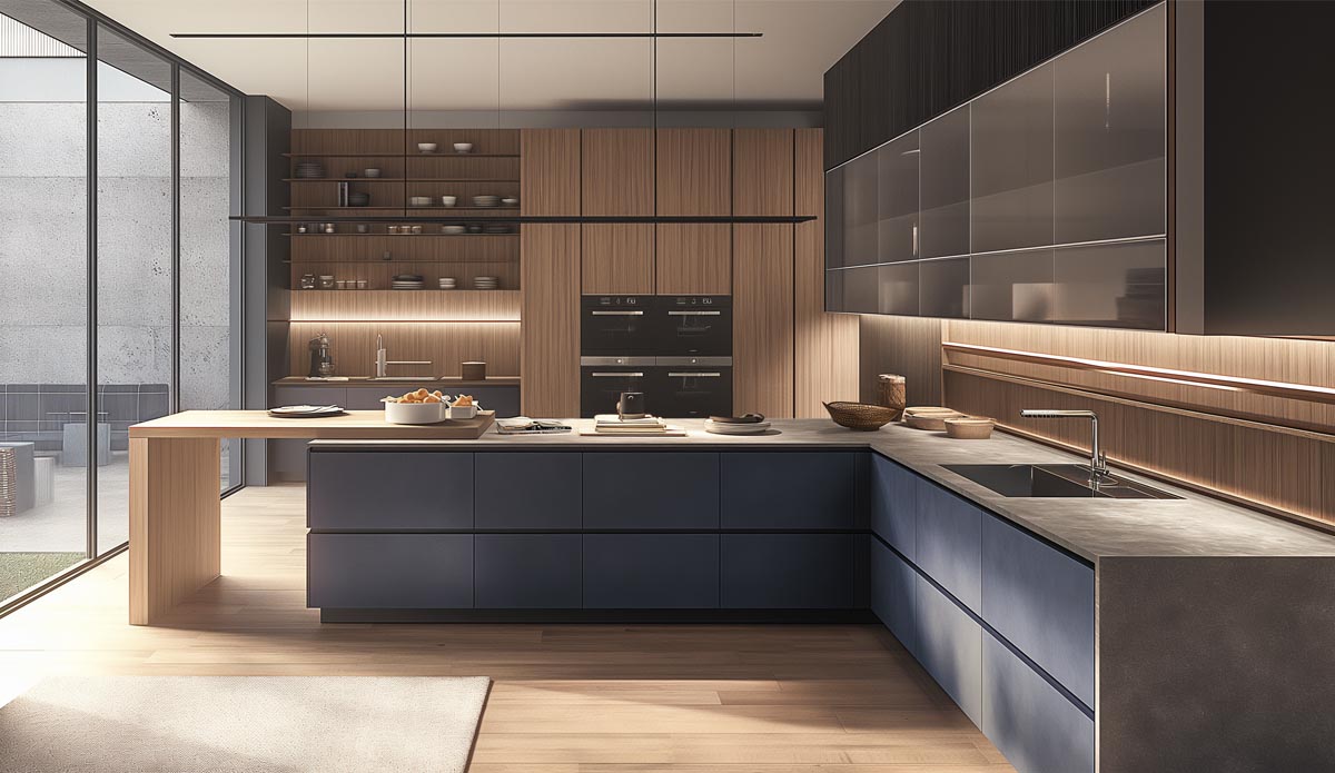 Luxury kitchen cabinets in wood veneer and blue lacquer, with middle island