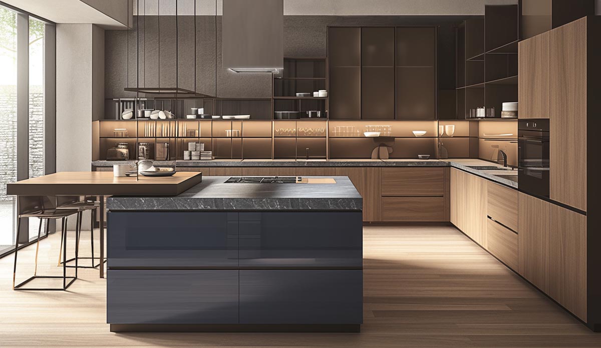 Modern kitchen cabinets in glossy blue lacquer and bronze tinted glass