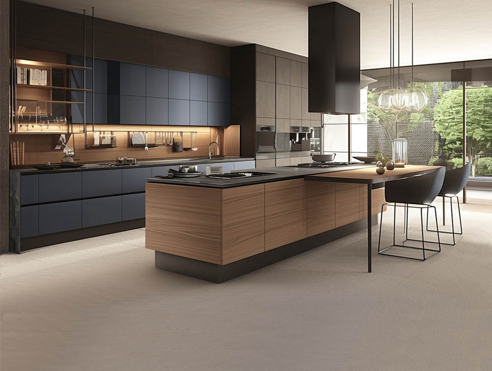 Modern kitchen cabinets in light brown wood veneer and dark blue lacquer
