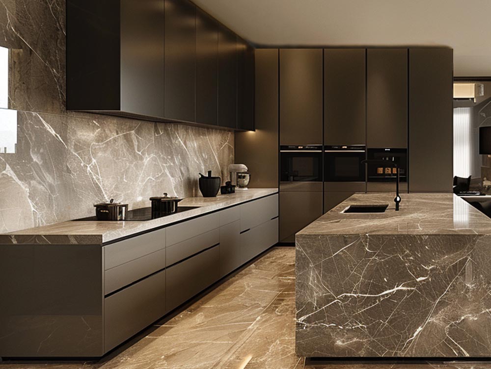 Modern kitchen in Taupe lacquer and natural stone countertop