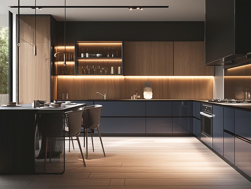 Kitchen cabinets in glossy blue and light wood effect melamine 