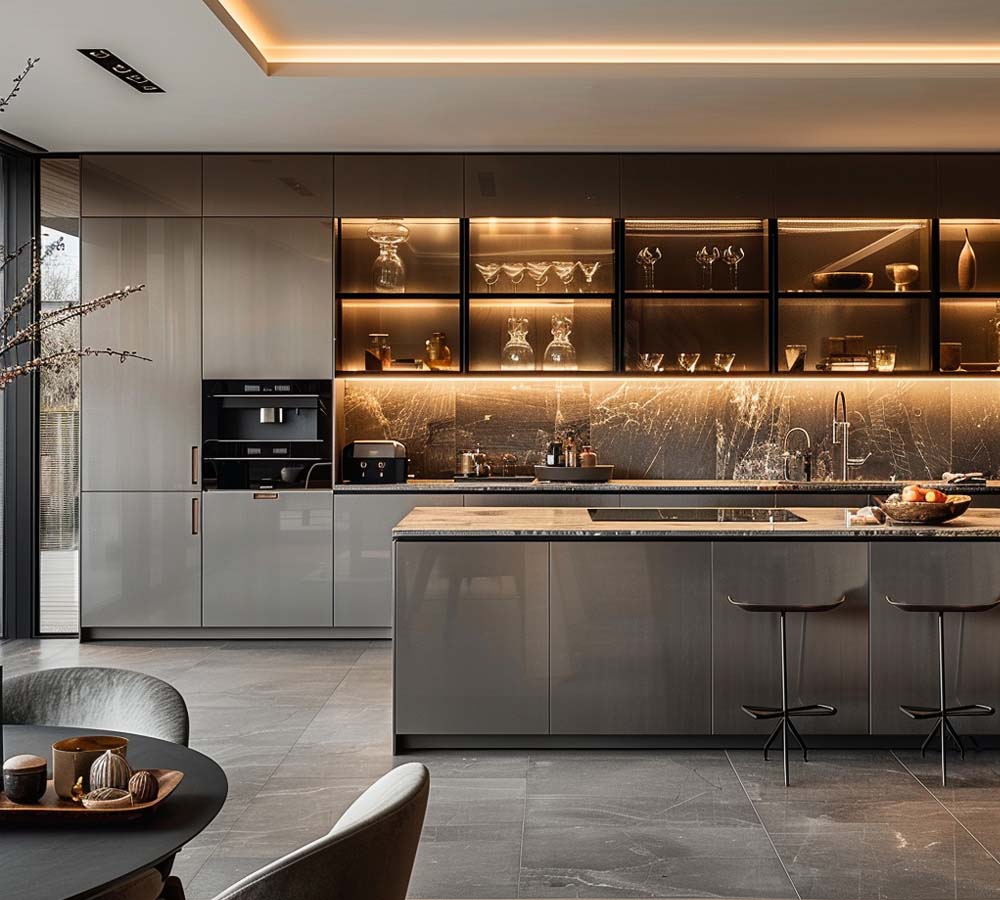 High gloss PET kitchen cabinets in light grey color.  