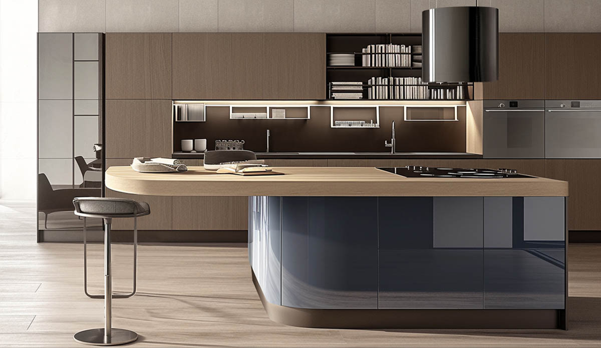 Modern kitchen with large island in light oak and glossy blue lacquer
