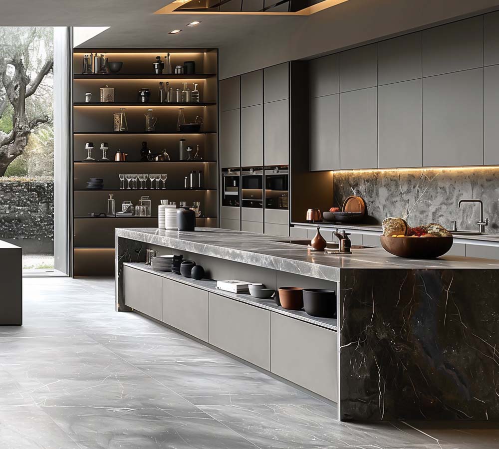 Black Matte Fenix Laminated Modern Kitchen Cabinets with quartz island