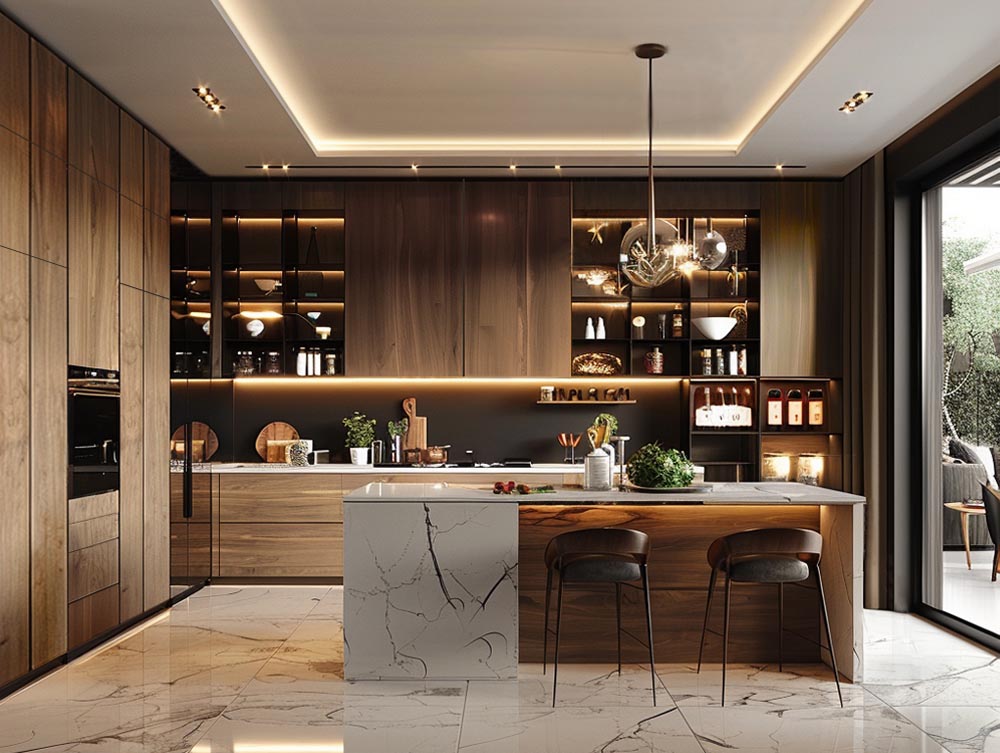 Luxury walnut kitchen cabinets with quartz island