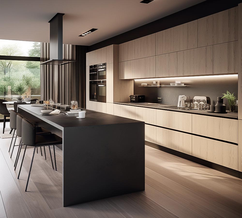 Light oak melamine kitchen cabinets with sintered stone island