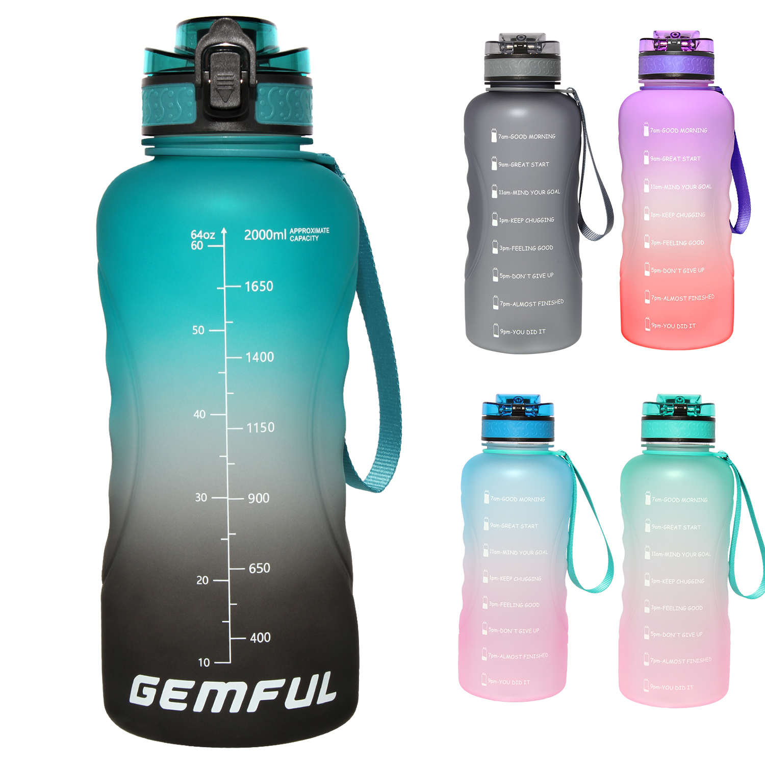 GEMFUL Large 3L Water Bottle with Straw Handle Bpa Free Time Marker-GEMFUL WATER  BOTTLE
