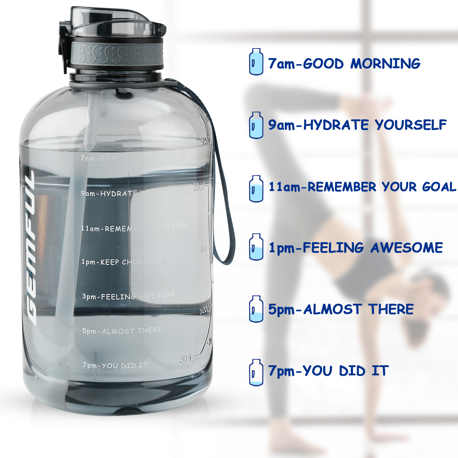 GEMFUL Large 3L Water Bottle with Straw Handle Bpa Free Time Marker-GEMFUL WATER  BOTTLE