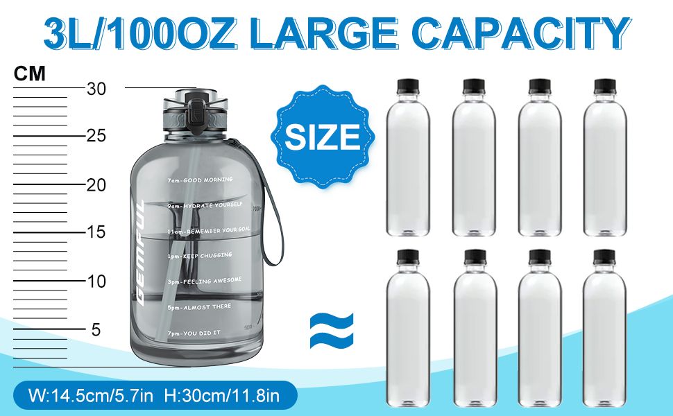 GEMFUL Large 3L Water Bottle with Straw Handle Bpa Free Time Marker-GEMFUL WATER  BOTTLE