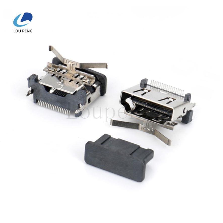 HDMI19PINA母直立式SMT型,加弹片,不锈钢外壳，端子半金1U雾锡,LCP黑色