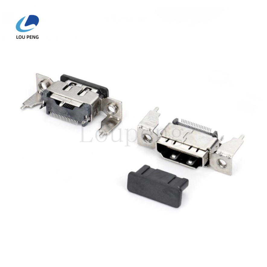 HDMI19PINA母直立式SMT型加支架高5.8mm带脚,端子半金1U雾锡,LCP黑色