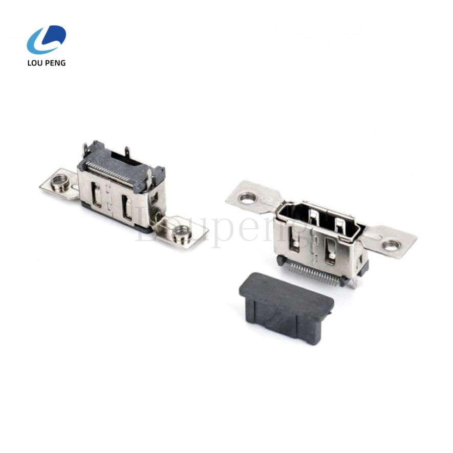 HDMI19PINA母直立式SMT型加支架高高8.4mm无脚,端子半金雾锡GF,LCP黑色