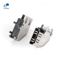 HDMI19PIN侧插式,铜壳镀镍,端子GF,带定位柱外壳前青蛙脚边距7.80mm,后直脚